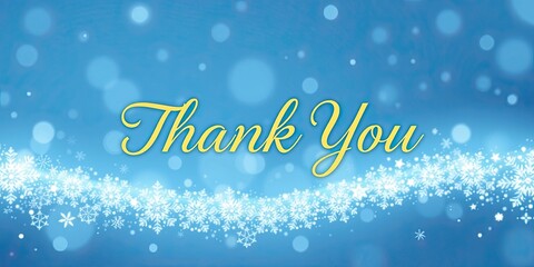 A vibrant thank you message stands out against a blue winter background adorned with sparkling snowflakes, capturing the essence of gratitude during the chilly season