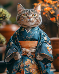 Naklejka premium realistic photo of a cat in a Japanese kimono
