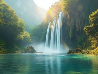 Majestic waterfall cascading into a serene pool, sunlight creating a rainbow.