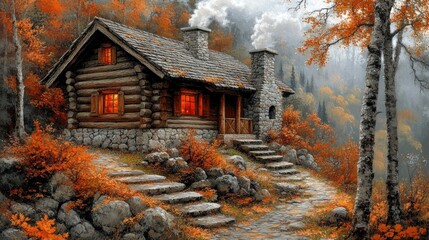 Cozy cabin in autumn scenery with vibrant foliage.