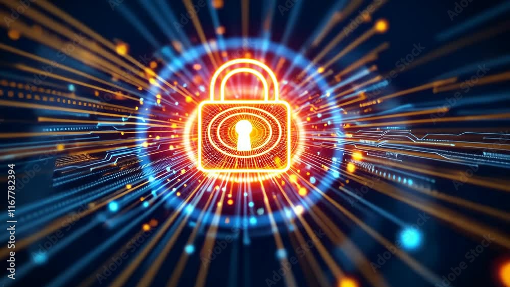 Poster digital security lock symbol with glowing orange light effect. cybersecurity and data protection vis
