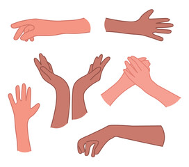 Vector set of different hand gestures. Isolated human hand. Palm, clasp hands, take hand, vote. 