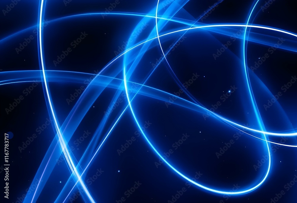 Poster glowing blue neon lines creating abstract curves and waves on dark background. modern tech pattern w