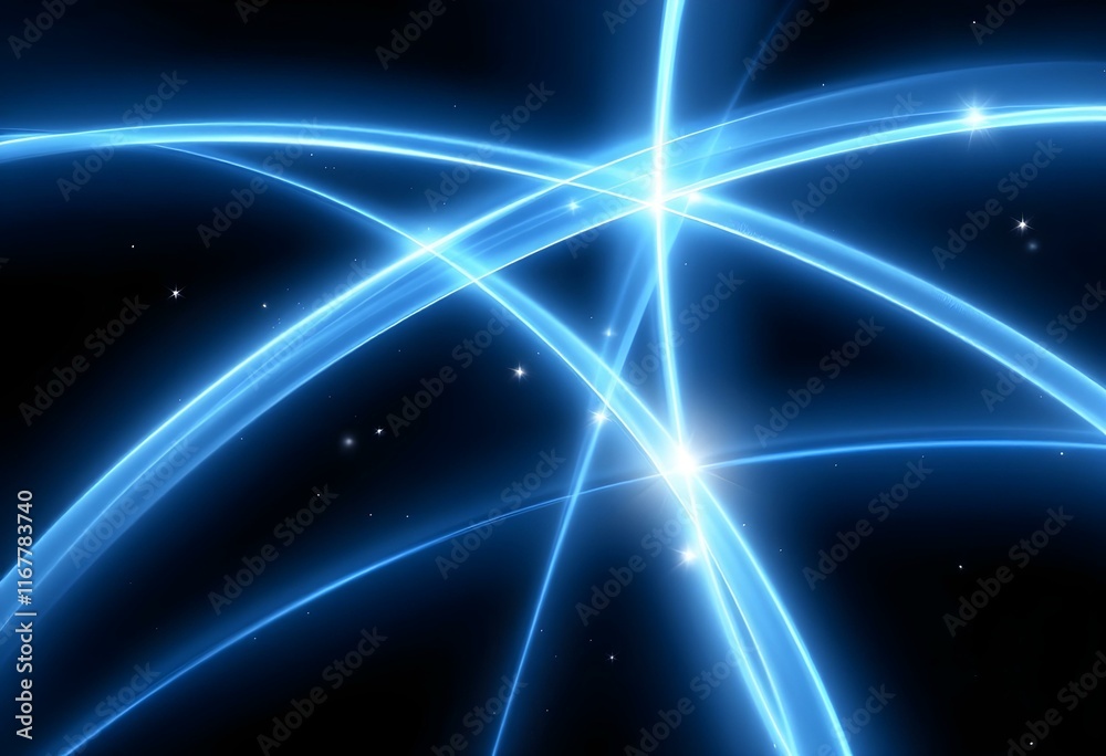 Poster glowing blue light trails intersecting in space. abstract network connections on dark background. di