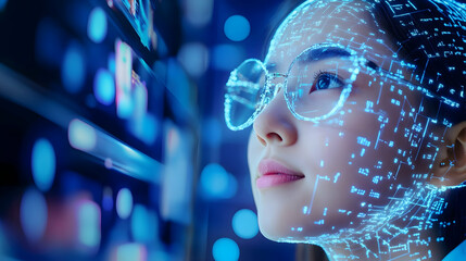 A young woman gazes thoughtfully at floating data projections in a dimly lit space