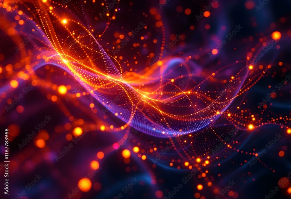 Poster glowing orange and purple energy waves with light particles in dark space. abstract digital flowing 