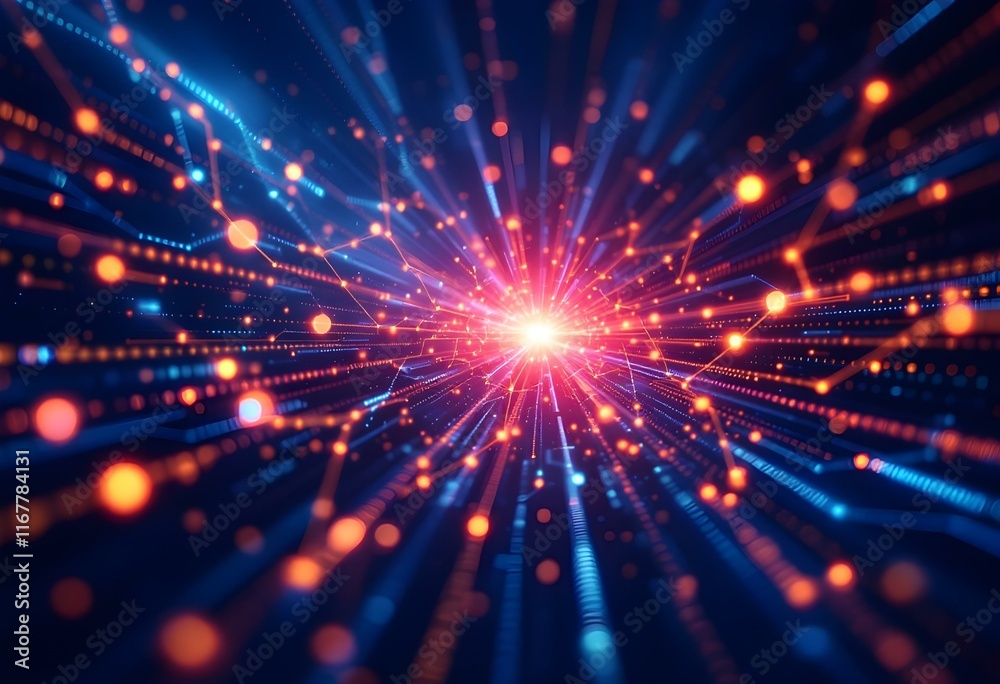 Wall mural explosive burst of red and blue light rays. dynamic digital energy flash with glowing particles. abs