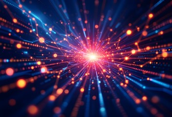 Naklejka premium Explosive burst of red and blue light rays. Dynamic digital energy flash with glowing particles. Abstract technology background for banner, presentation, website with copy space