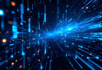 Naklejka premium Digital space with glowing blue light streaks and particles. Abstract technology background with dynamic motion effect. Modern futuristic design for tech presentation with copy space