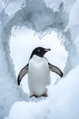 Fototapeta premium Penguin in a Heart-shaped Ice Frame: A Symbol of Love and Resilience in Icy Habitats