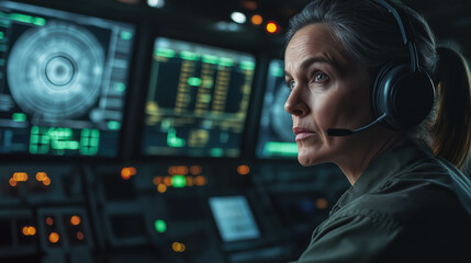 middle-aged military woman radar operator in a darkened control room. wears a headset and focuses on glowing radar screens in front of her. blinking monitors and control panels.