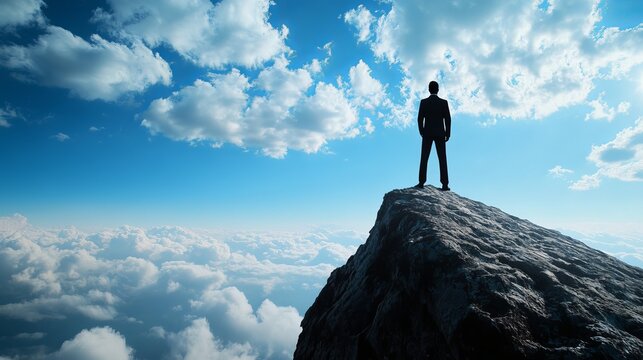 Silhouette of Businessman on Mountain Peak - Powered by Adobe