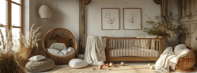 Scandinavian Style Children's Room with Wooden Crib and Toys – 3D Rendering Mockup