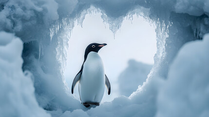 Fototapeta premium Penguin in a Heart-shaped Ice Frame: A Symbol of Love and Resilience in Icy Habitats