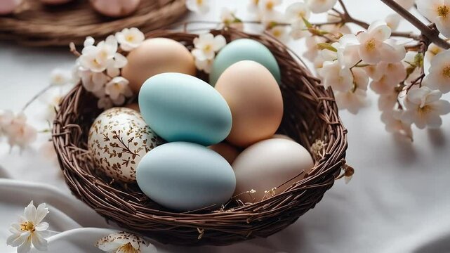 Modern Easter Decor Featuring Painted Eggs Stylish Elements White Background Ideal Creating Contemporary Holiday Videos