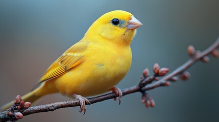 Yellow bird perched on branch, blurred background, spring, nature photography