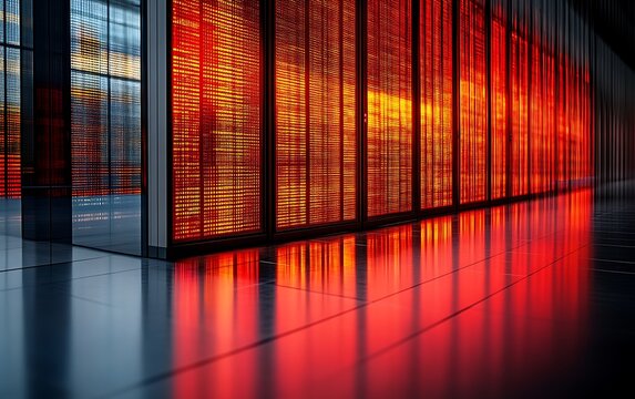 Illuminated server room interior with glowing data streams reflected on polished floor. - Powered by Adobe