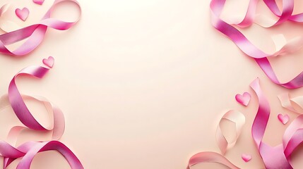 Pink ribbons and hearts on a pale background