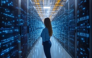 Woman in server room, data center, digital information.