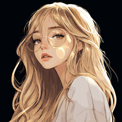 Portrait of a young woman with long blonde hair and glasses gazing thoughtfully against a dark background