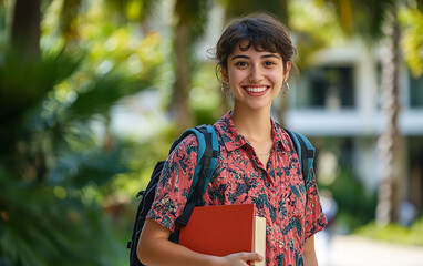 University female student with a backpack and books in hand, smiling excitedly about her study abroad journey. Ready for adventure, with a modern campus building in the background.

