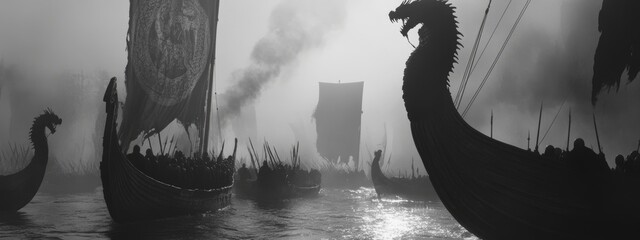 Gloomy scene with Vikings piloting dragon boats adorned with shields and sails, battling through fogged, dark waters near sharp rocks. Fantasy setting of Scandinavian warriors setting sail on