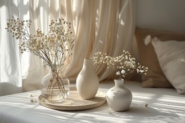 Scandinavian Modern Living Room with White Wooden Background and Decorative Vases