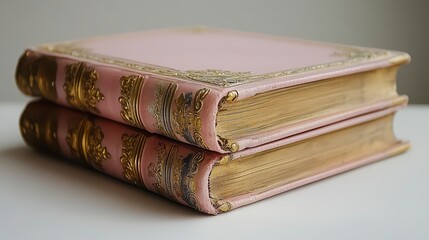 Two antique books with pink leather covers and gold detailing, stacked on a white surface.