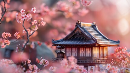 Tranquil Japanese temple nestled amongst blossoming cherry trees at sunrise.