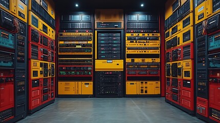Retro-futuristic server room with colorful racks.