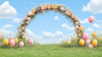 Floral arch, pastel balloons, Easter eggs in spring meadow.