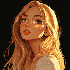 A young woman with long, golden hair and round glasses poses confidently. The warm light highlights her features, creating an engaging and artistic atmosphere.