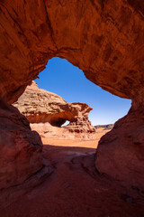 Tadrart Rouge, meaning Red Mountain, a mountain range in southeastern Algeria, part of the Algerian Desert providing massive dunes, rock formations and Martian landscapes