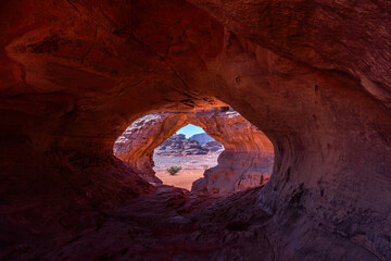 Tadrart Rouge, meaning Red Mountain, a mountain range in southeastern Algeria, part of the Algerian Desert providing massive dunes, rock formations and Martian landscapes