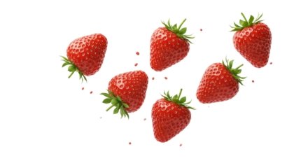 flying strawberries isolated on transparent background, cutout