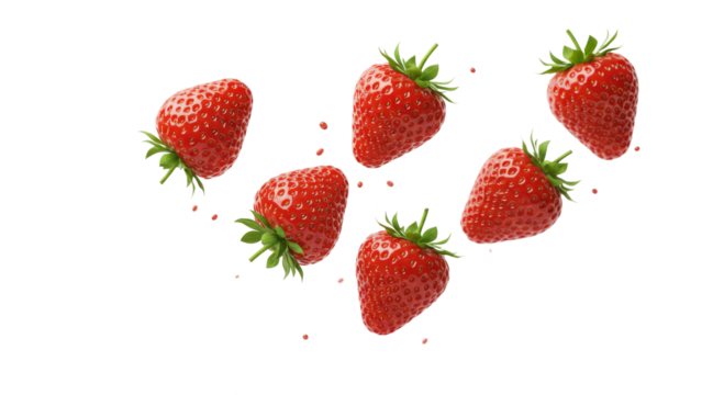 flying strawberries isolated on transparent background, cutout