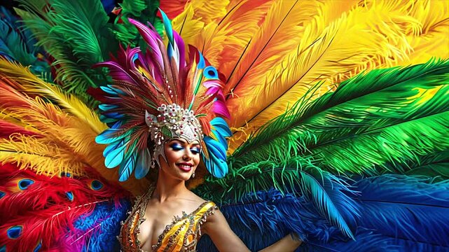 Brazilian carnival performer with an extravagant feather headdress and festive outfit. Celebration in Rio de Janeiro. Samba dancer in vivid feathered costume. 