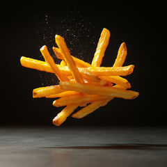 Crispy golden french fries suspended in midair with a sprinkle of seasoning against a dark background