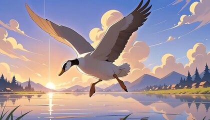 Obraz premium Serene Goose in Flight: A Peaceful Sunset Landscape