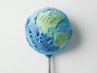a scoop of ice cream shaped like Earth, featuring vibrant blue oceans and lush green continents. the climate change concept, global warming. 