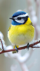 Fototapeta premium A vibrant blue and yellow bird perched on a frosty branch.