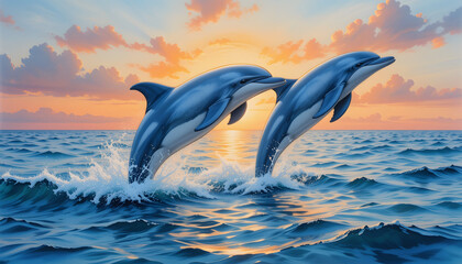 Fototapeta premium Graceful Dolphins Leaping in Vibrant Sunset Ocean Scene