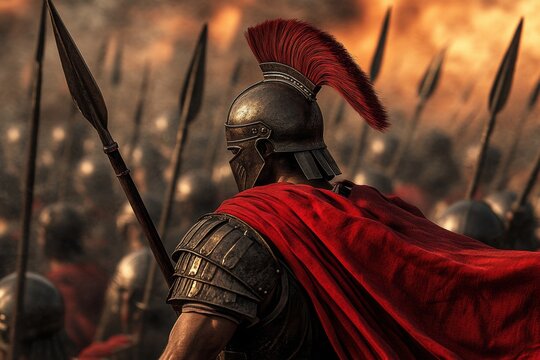 In the wake of a fierce battle, a Spartan warrior is seen amidst a battlefield strewn with Persian corpses, his spear aloft in a gesture of triumph, showcasing his people&rsquo;s superior military skill.