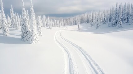 Obraz premium Snow-covered trail winds through tranquil winter forest landscape with tall pine trees