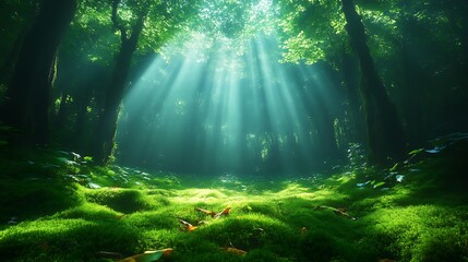 Fototapeta premium Sunbeams illuminate a mystical forest floor covered in vibrant green moss.