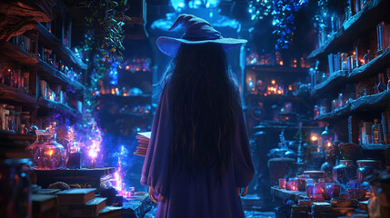 Obraz premium Cartoon witch and magic
