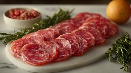 Sliced cured meat arranged on a marble board.