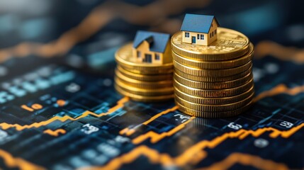 Economic growth illustrated by miniature houses on stacks of coins highlighting financial investment trends