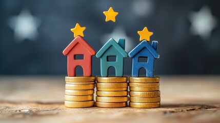 Colorful houses on stacks of coins representing real estate investment and financial growth strategies in a creative display