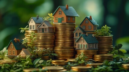 Miniature houses on stacks of coins symbolize real estate investment and financial growth in a natural setting